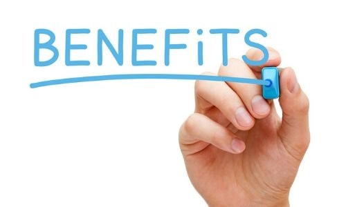 Hand holding a blue marker underlining the word "BENEFITS," emphasizing the advantages of leak detection services for homeowners.