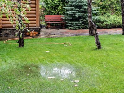 Puddle of water on green lawn indicating potential underground water line leak, surrounded by trees and a wooden bench, relevant to identifying signs of hidden leaks in plumbing.