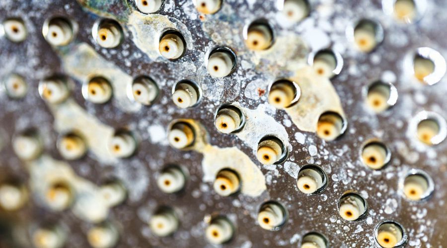 Close-up of a showerhead showing mineral buildup and hard water deposits, illustrating the effects of hard water on plumbing fixtures and the need for water softening systems.