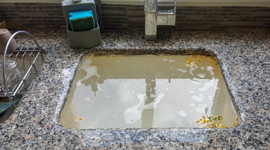 Clogged kitchen sink filled with dirty water and debris, illustrating plumbing issues related to drain maintenance and prevention of sewer line clogs.
