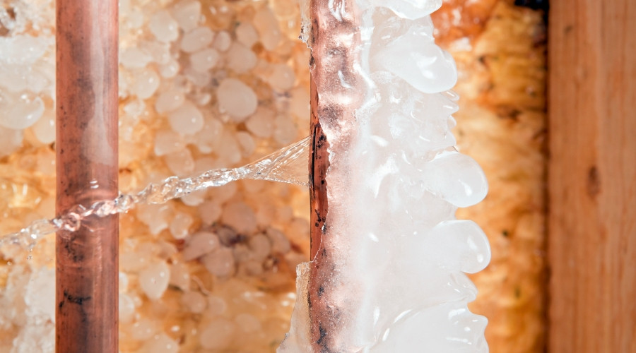 Frozen copper pipe with ice accumulation and water leaking, illustrating plumbing issues related to cold temperatures.