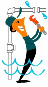 Cartoon plumber smiling and holding a wrench, standing in water near pipes, representing plumbing services for detecting hidden water leaks.