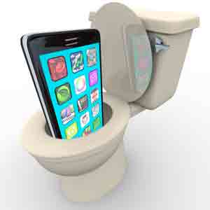 Toilet with smartphone in bowl, symbolizing modern toilet technologies and self-cleaning features.
