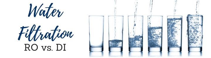 Water filtration comparison banner featuring six glasses filled with water, labeled "Water Filtration RO vs. DI," illustrating reverse osmosis and deionized water filtration systems.